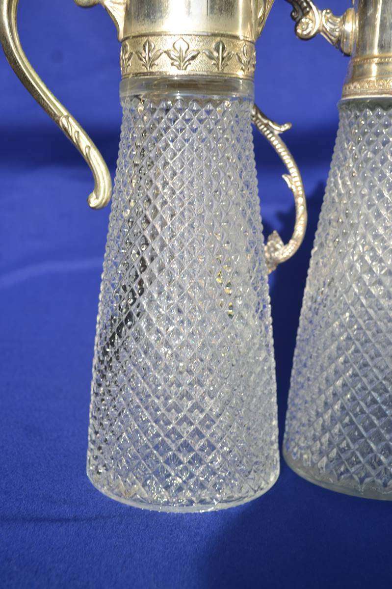 Vintage Diamond Cut Crystal Claret Jugs with silver Plate Mountings