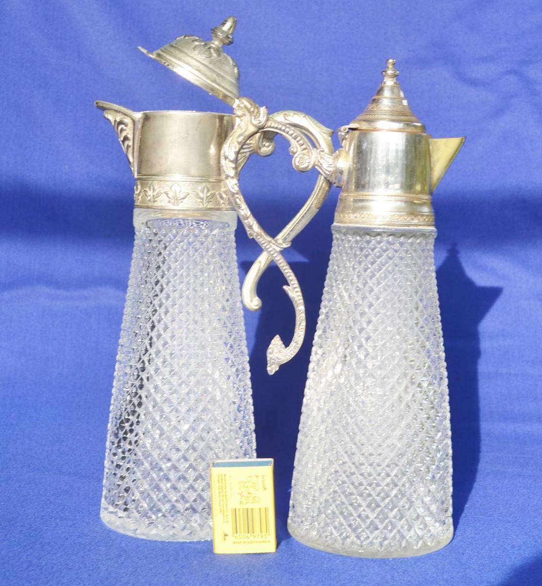 Vintage Diamond Cut Crystal Claret Jugs with silver Plate Mountings