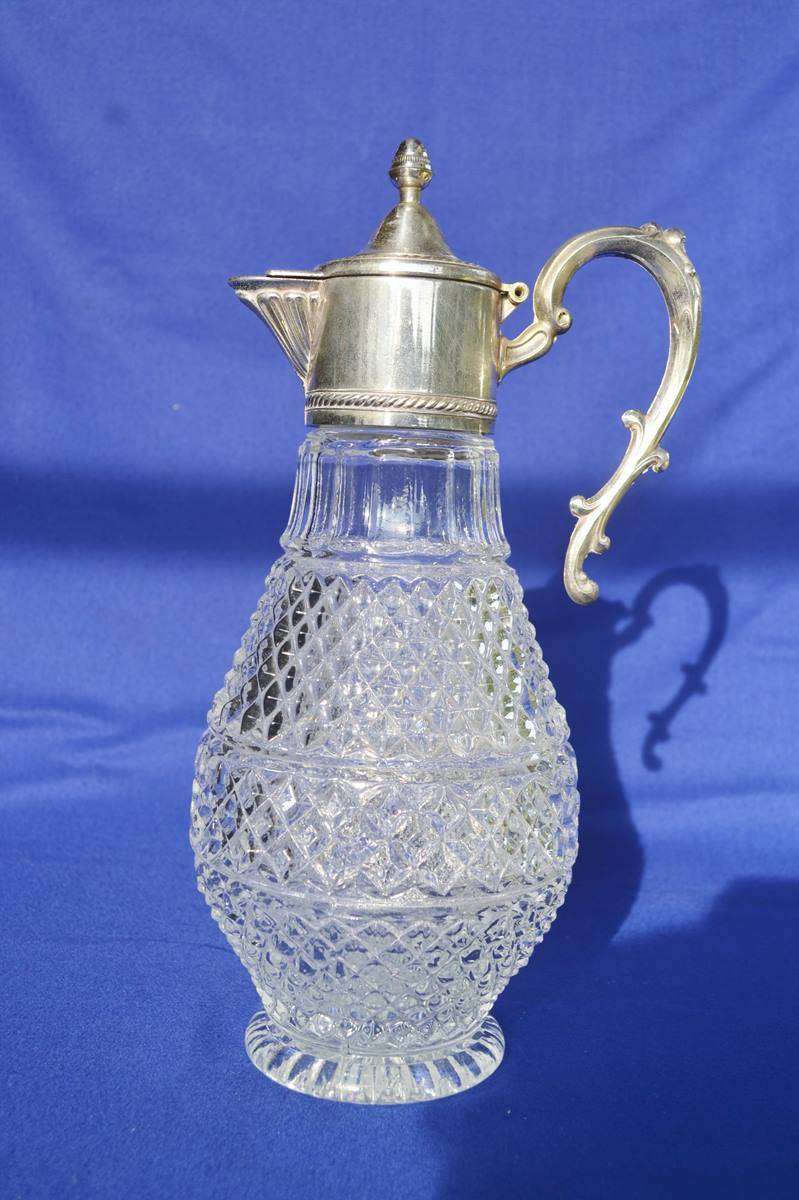 Sheraton Vintage Diamond Cut  Crystal Claret Jug / Wine Ewer with silver Plate Mountings