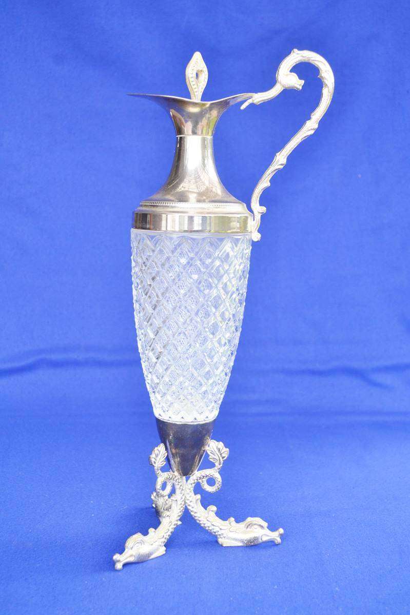 Vintage 1960's Diamond Cut Crystal Claret Jug with Silver Plate Mounting
