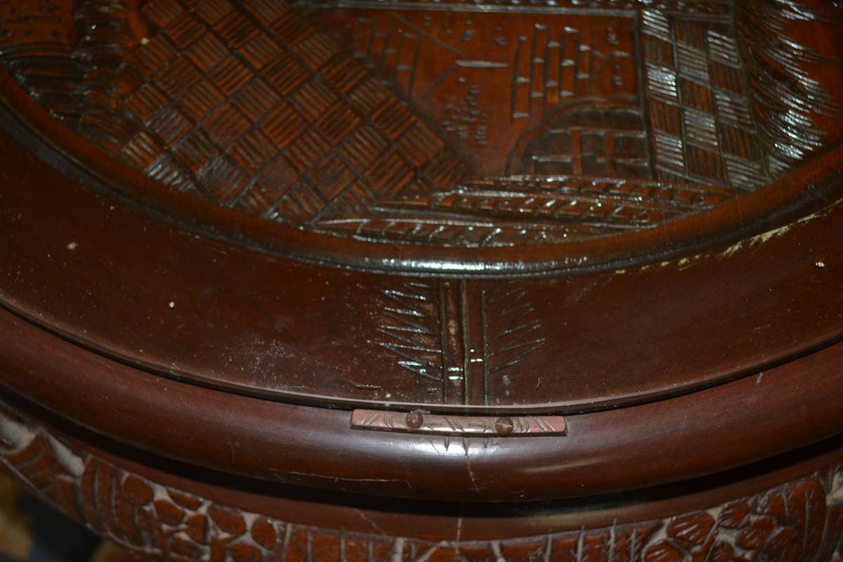 Chinese Oval Coffee Table with Carved Battle Scene