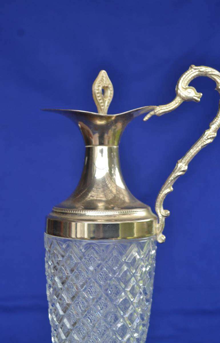 Vintage 1960's Diamond Cut Crystal Claret Jug with Silver Plate Mounting