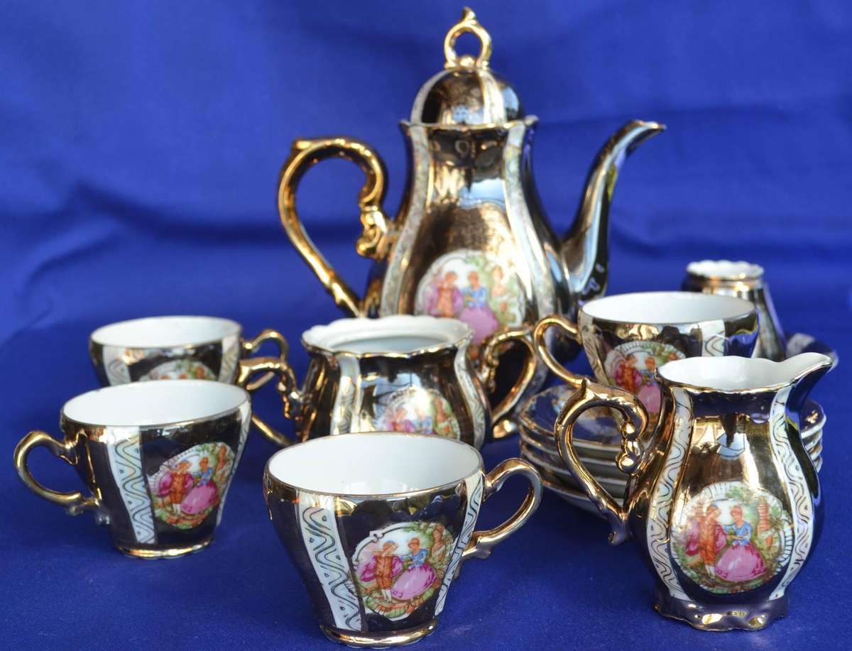 Vintage cobalt Blue and Gilt Regency Style Coffee Set - 11 Pieces
