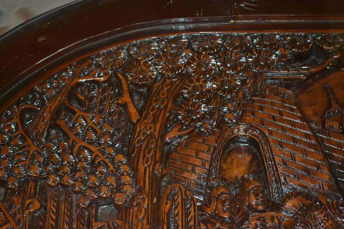 Chinese Oval Coffee Table with Carved Battle Scene