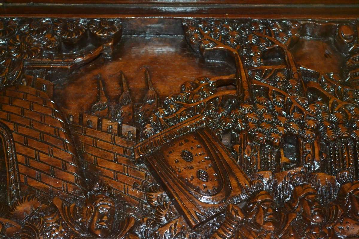 Chinese Oval Coffee Table with Carved Battle Scene