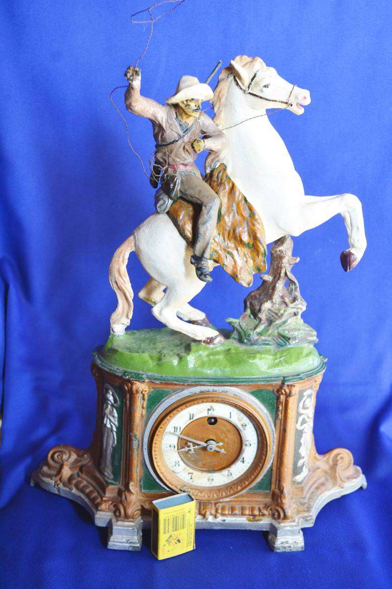 Vintage Very Rare Metal Cowboy Mantle Clock