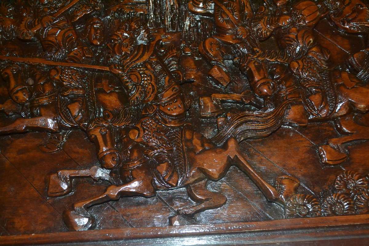 Chinese Oval Coffee Table with Carved Battle Scene