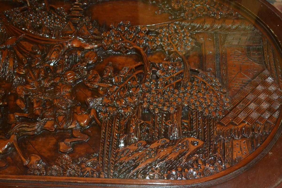Chinese Oval Coffee Table with Carved Battle Scene