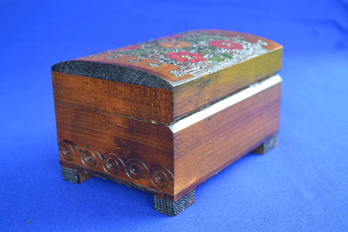 Vintage Polish Wood With Brass Inlay Folk Art Trinket / Jewelry Box