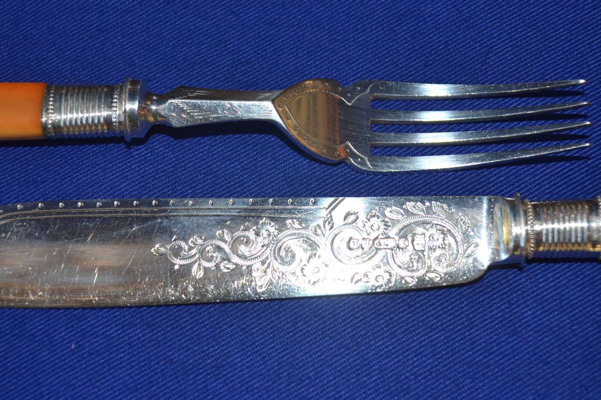 Martin Hall & co Vintage Engraved  Silver plated Fish Knife and Fork set in presentation Box