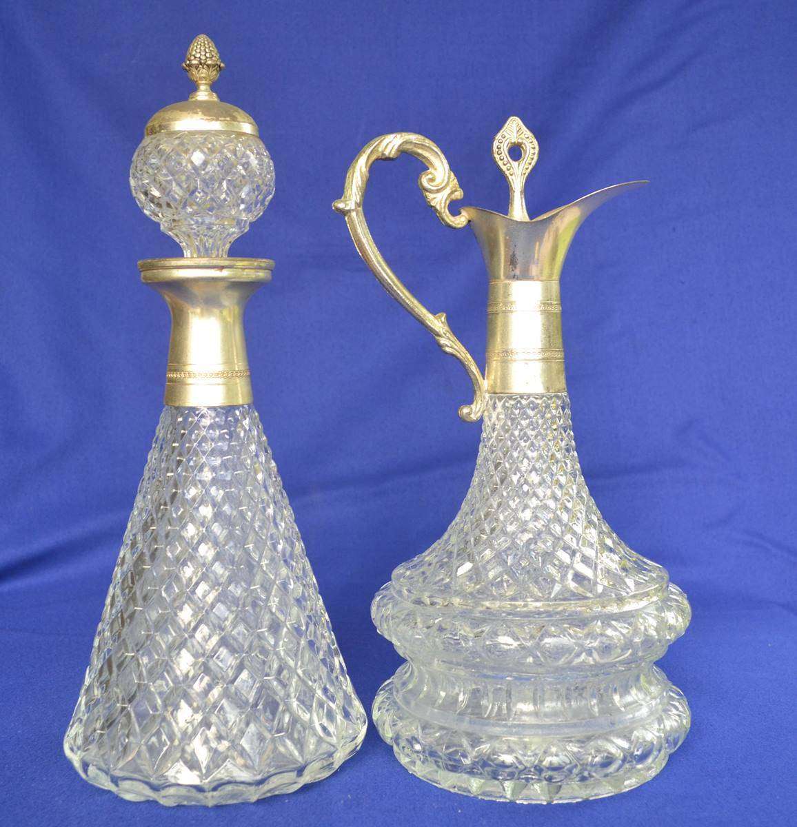 Vintage Diamondl Claret Jugs with silver Plate Mountings