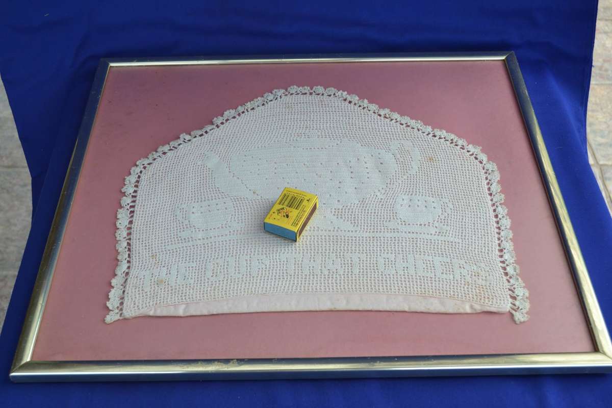 Framed Vintage Mary Card  Fillet Crochet Tea Cosy - The Cup That Cheers