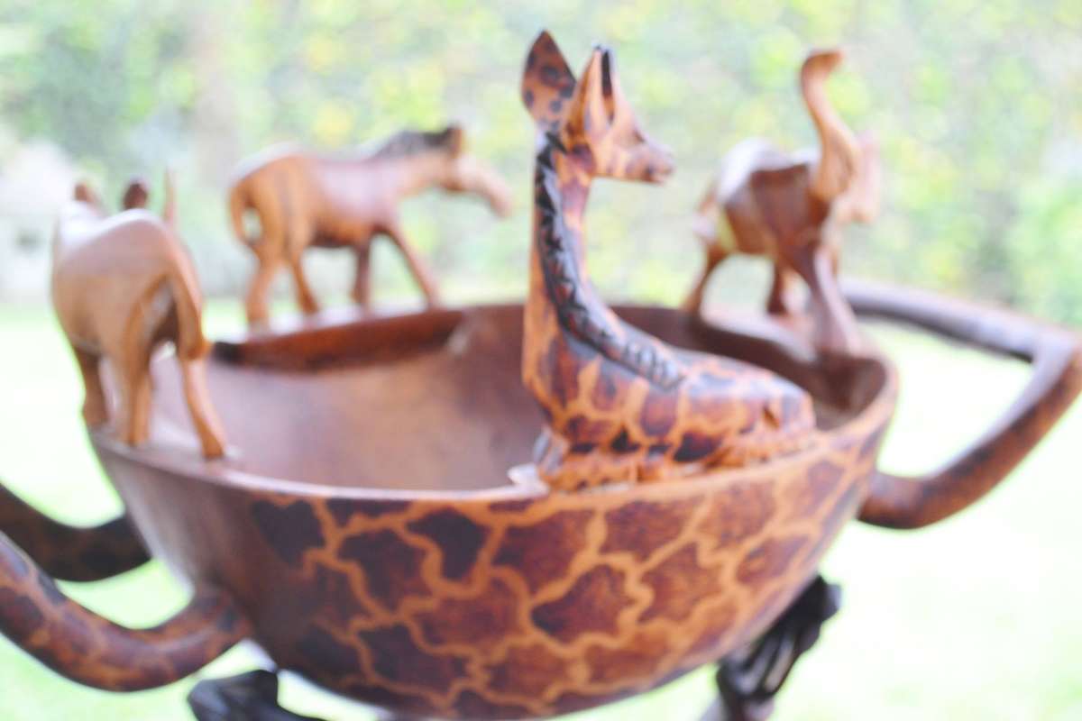 Vintage Wooden Animal Bowl on Tripod Stand