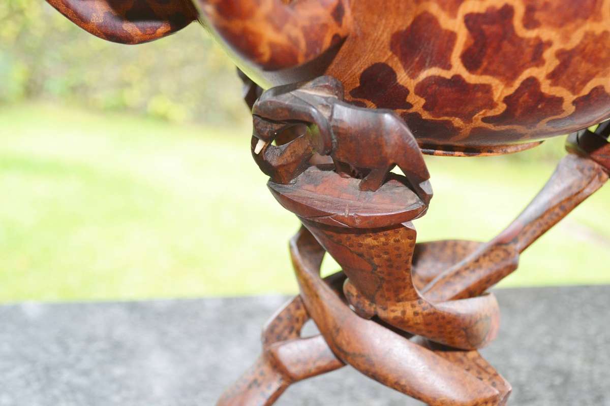 Vintage Wooden Animal Bowl on Tripod Stand