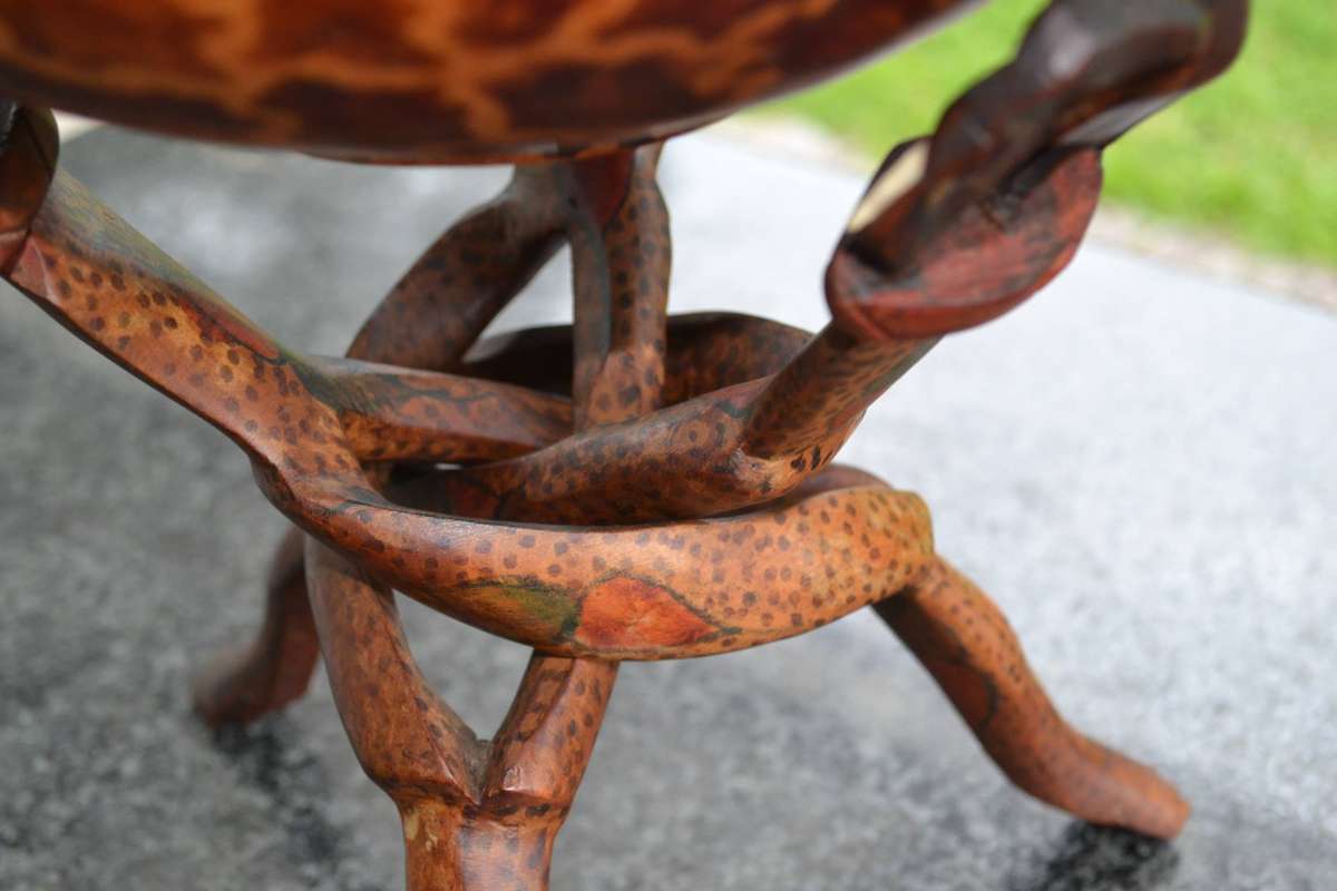 Vintage Wooden Animal Bowl on Tripod Stand