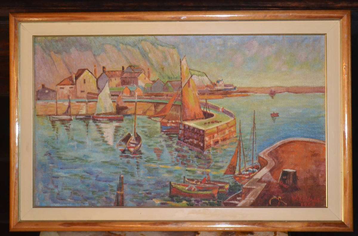 Vintage Oil on Board Small Harbor Scene - Framed