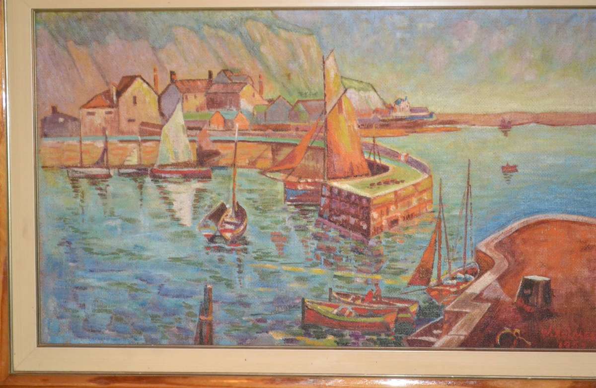 Vintage Oil on Board Small Harbor Scene - Framed