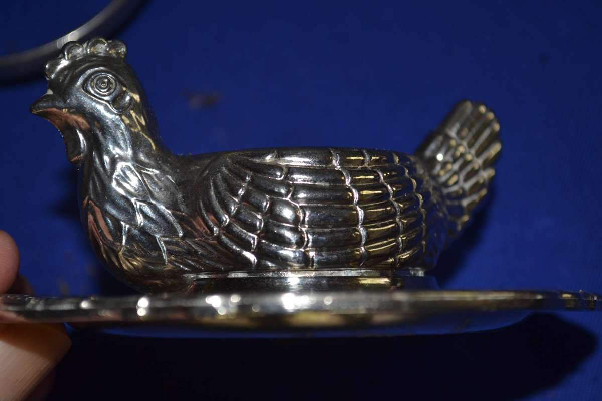 Vintage Silver Plate Nesting Hen Egg Cup and Handled Stand