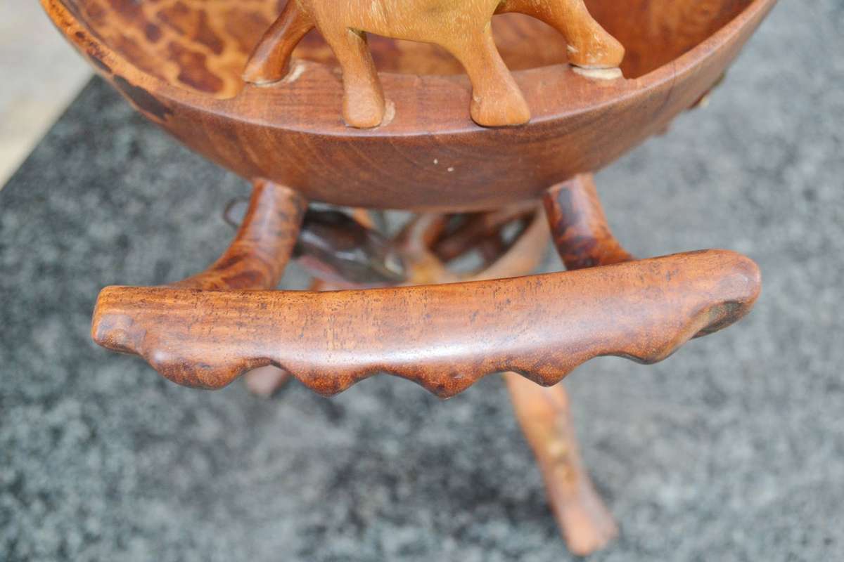 Vintage Wooden Animal Bowl on Tripod Stand