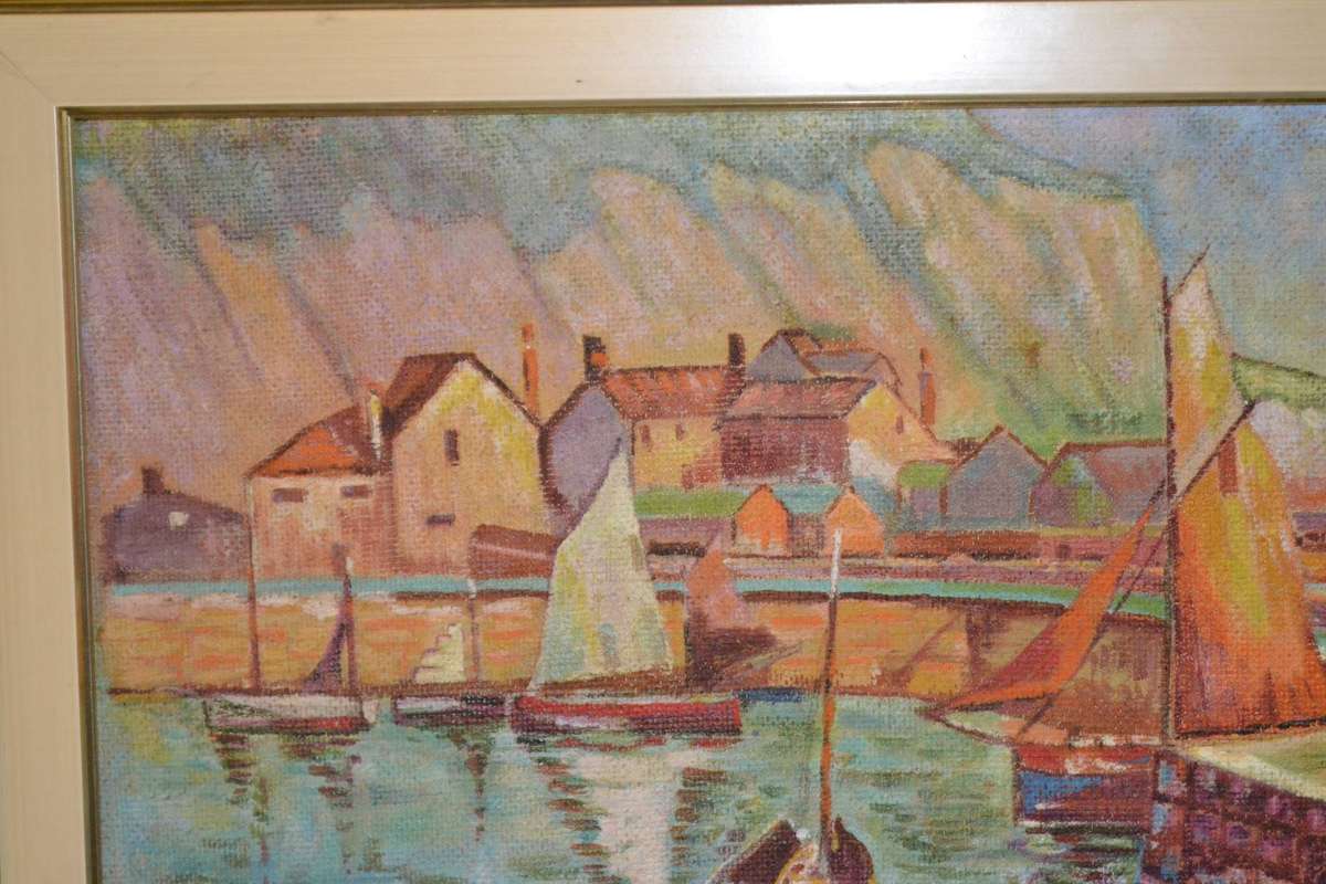 Vintage Oil on Board Small Harbor Scene - Framed