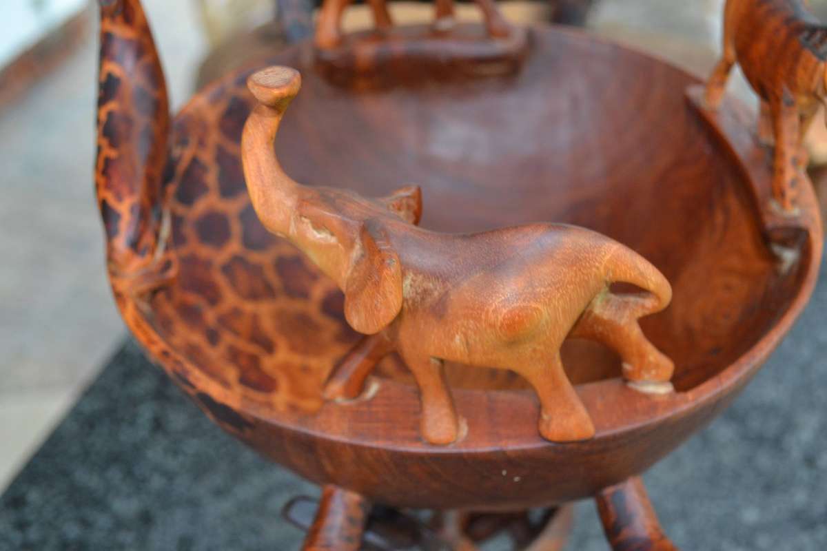 Vintage Wooden Animal Bowl on Tripod Stand