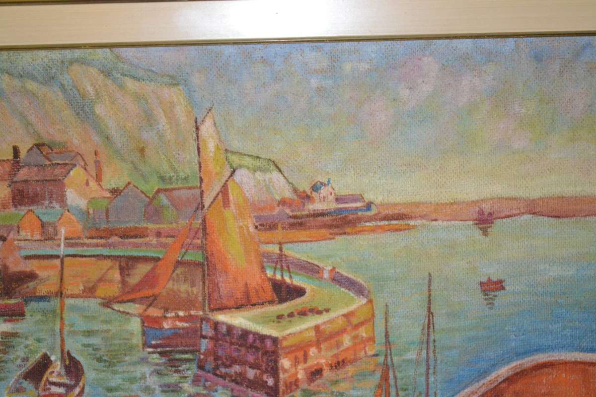 Vintage Oil on Board Small Harbor Scene - Framed