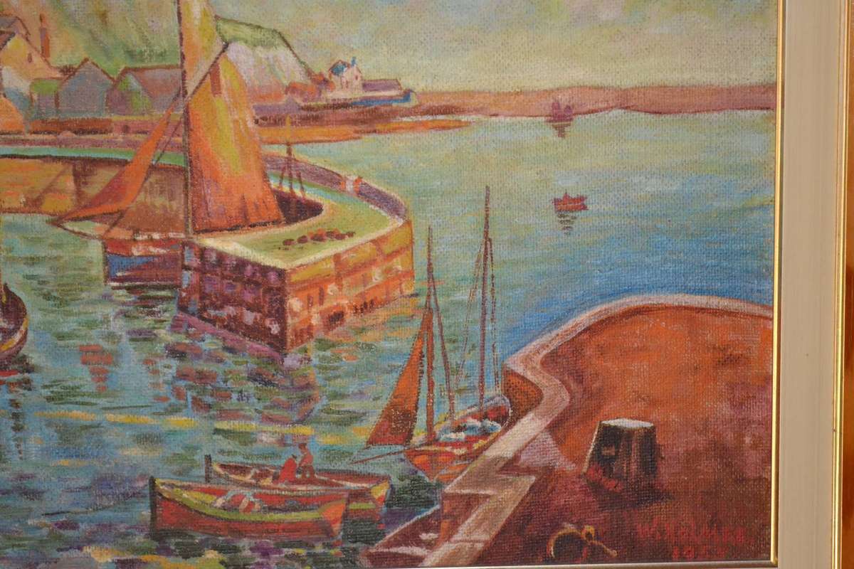 Vintage Oil on Board Small Harbor Scene - Framed