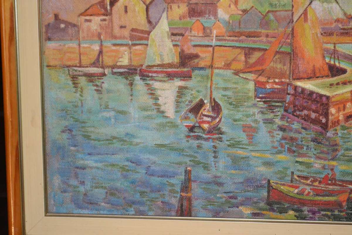 Vintage Oil on Board Small Harbor Scene - Framed