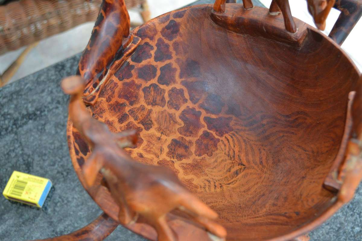 Vintage Wooden Animal Bowl on Tripod Stand