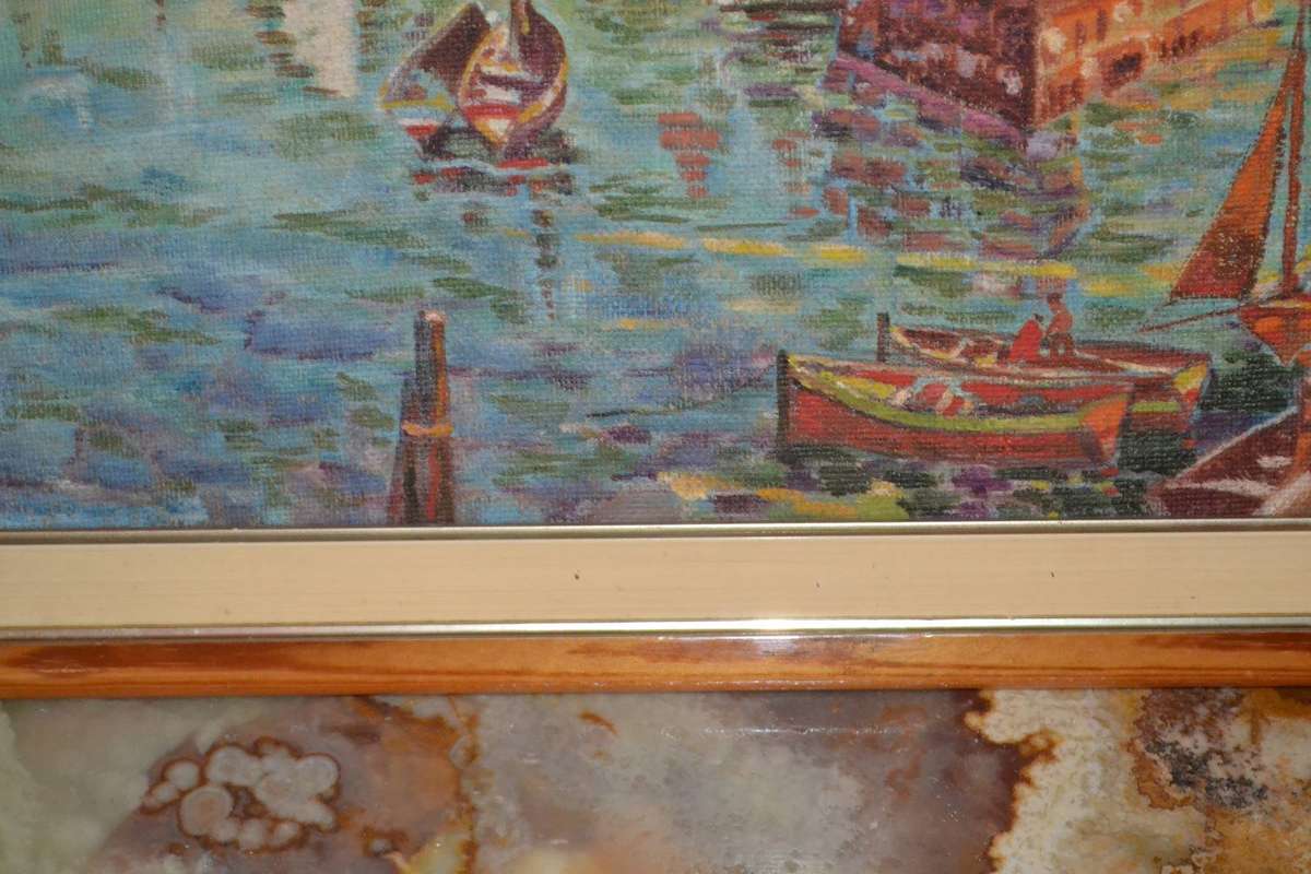 Vintage Oil on Board Small Harbor Scene - Framed