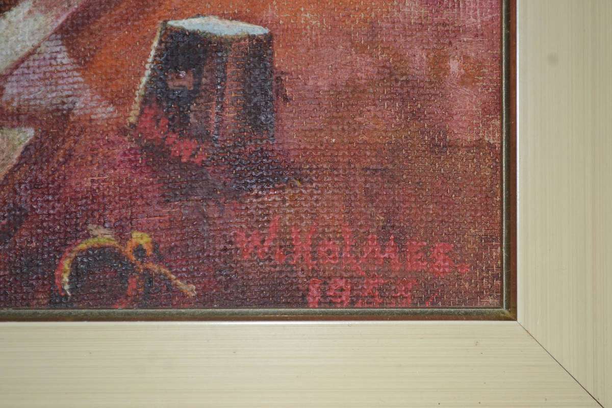 Vintage Oil on Board Small Harbor Scene - Framed