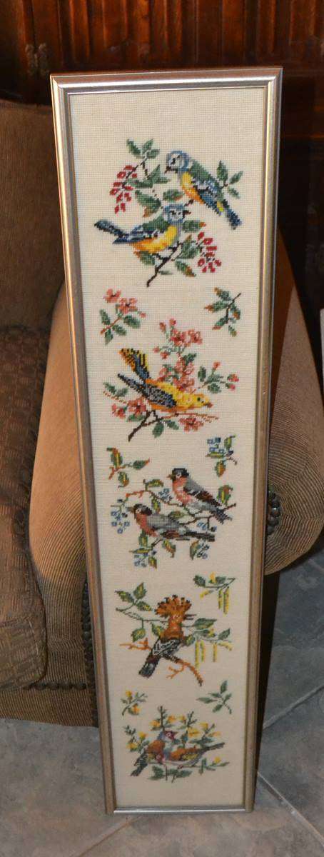 Vintage Bird Tapestry Framed Behind Glass