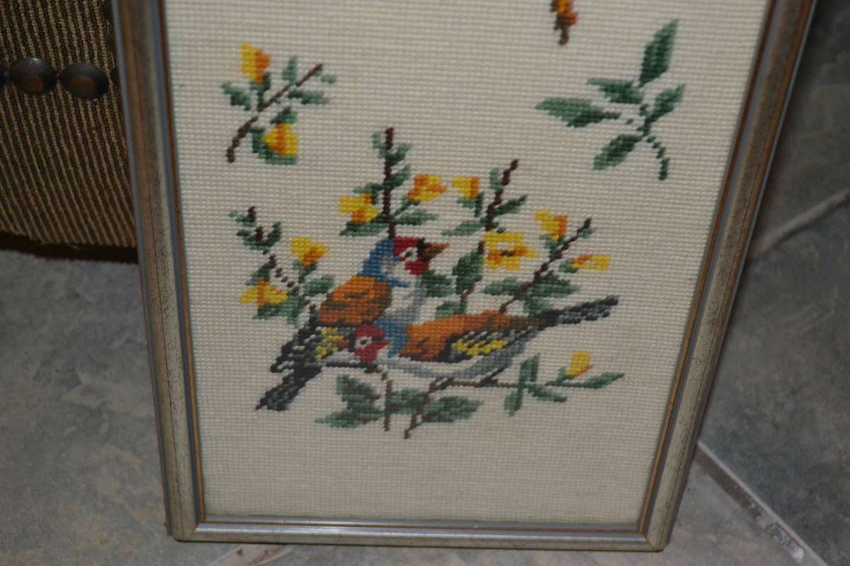 Vintage Bird Tapestry Framed Behind Glass