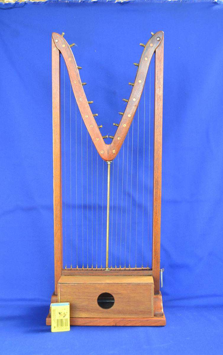 Upright Harp Style Stringed Musical Instrument with M-Shaped Wooden Frame
