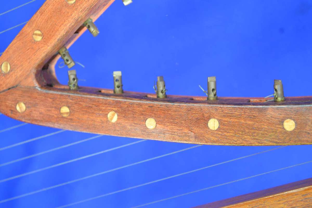 Upright Harp Style Stringed Musical Instrument with M-Shaped Wooden Frame