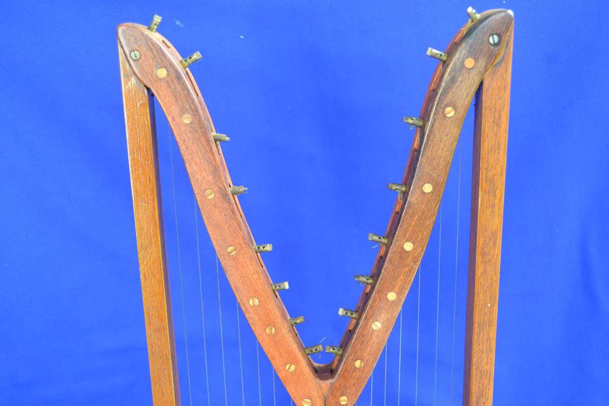 Upright Harp Style Stringed Musical Instrument with M-Shaped Wooden Frame