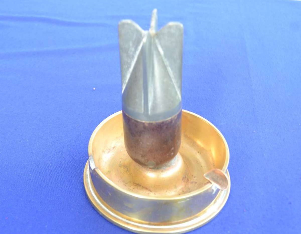 True Vintage Heavy WWII Trench Art "Mortar" Ashtray with Coin Cigarette Holders