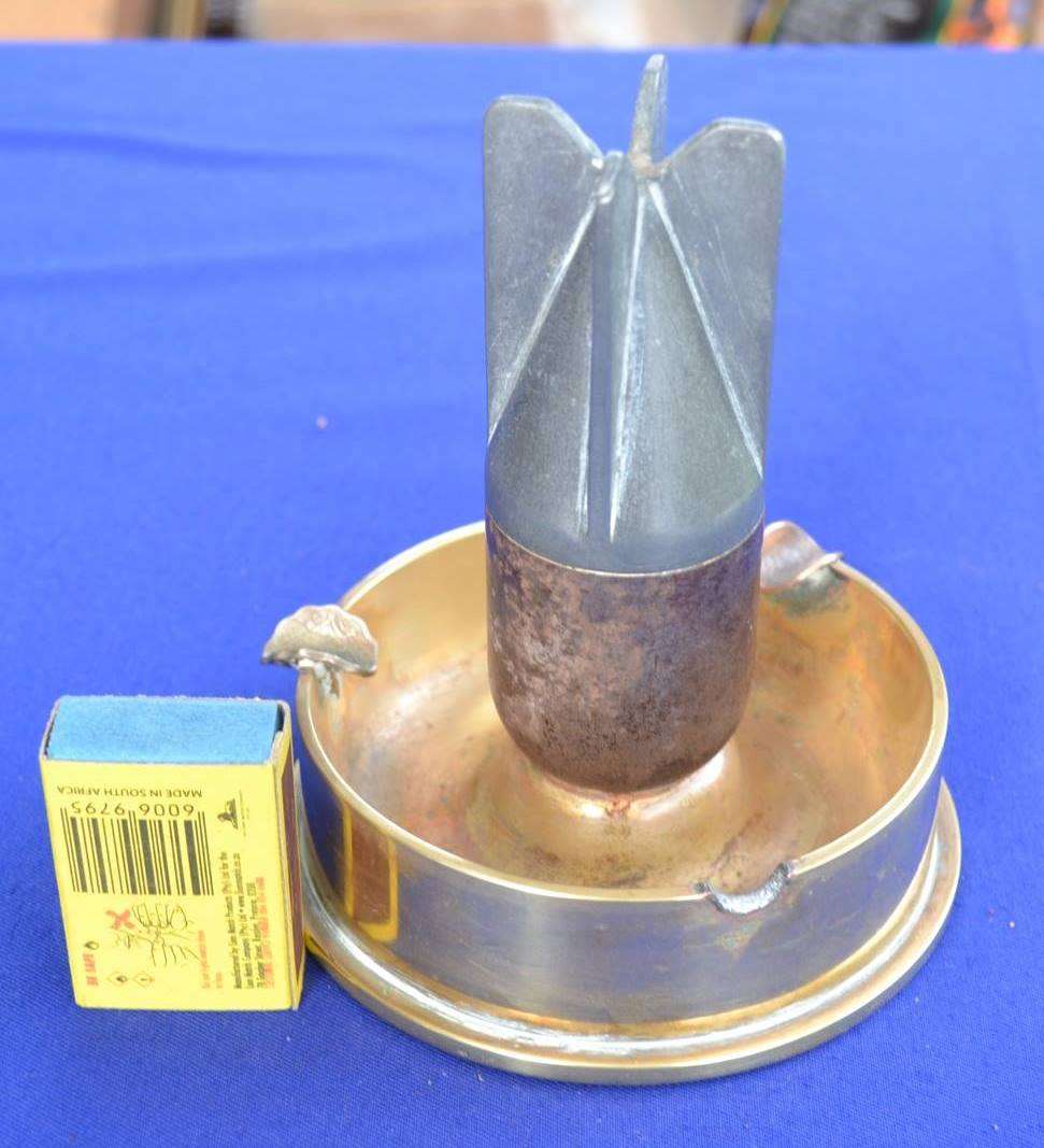 True Vintage Heavy WWII Trench Art "Mortar" Ashtray with Coin Cigarette Holders