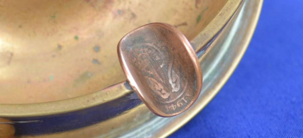 True Vintage Heavy WWII Trench Art "Mortar" Ashtray with Coin Cigarette Holders