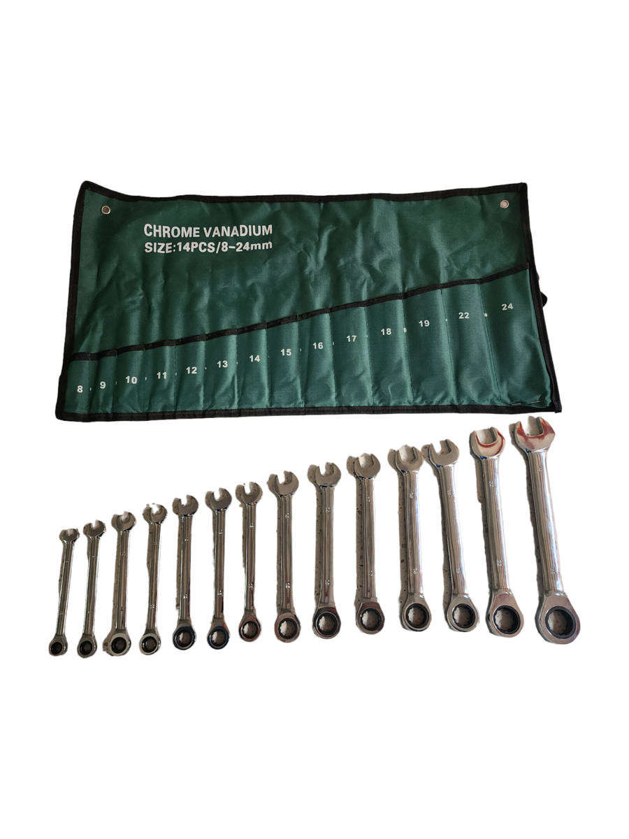 14-piece Chrome Vanadium Ratchet spanner set, sizes 8mm to 24mm