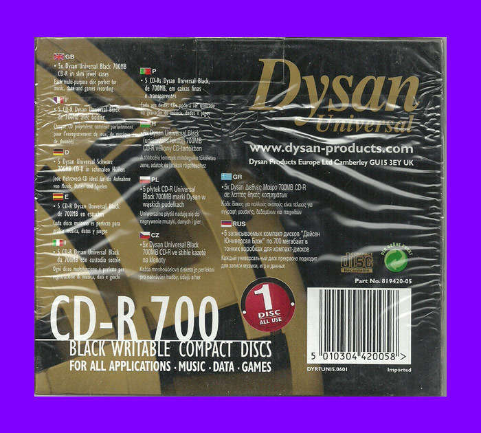Dysan Universal CD-R  700mb Box of 5 Slim Discs (Individually Sealed in Plastic Casings)