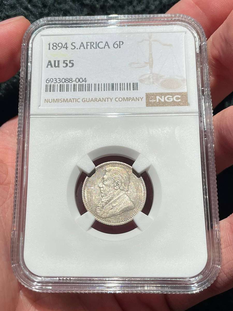 ZAR Paul Kruger 1894 sixpence silver coin - NGC graded AU55
