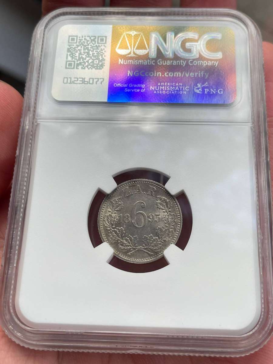 ZAR Paul Kruger 1895 sixpence silver coin - NGC graded AU58