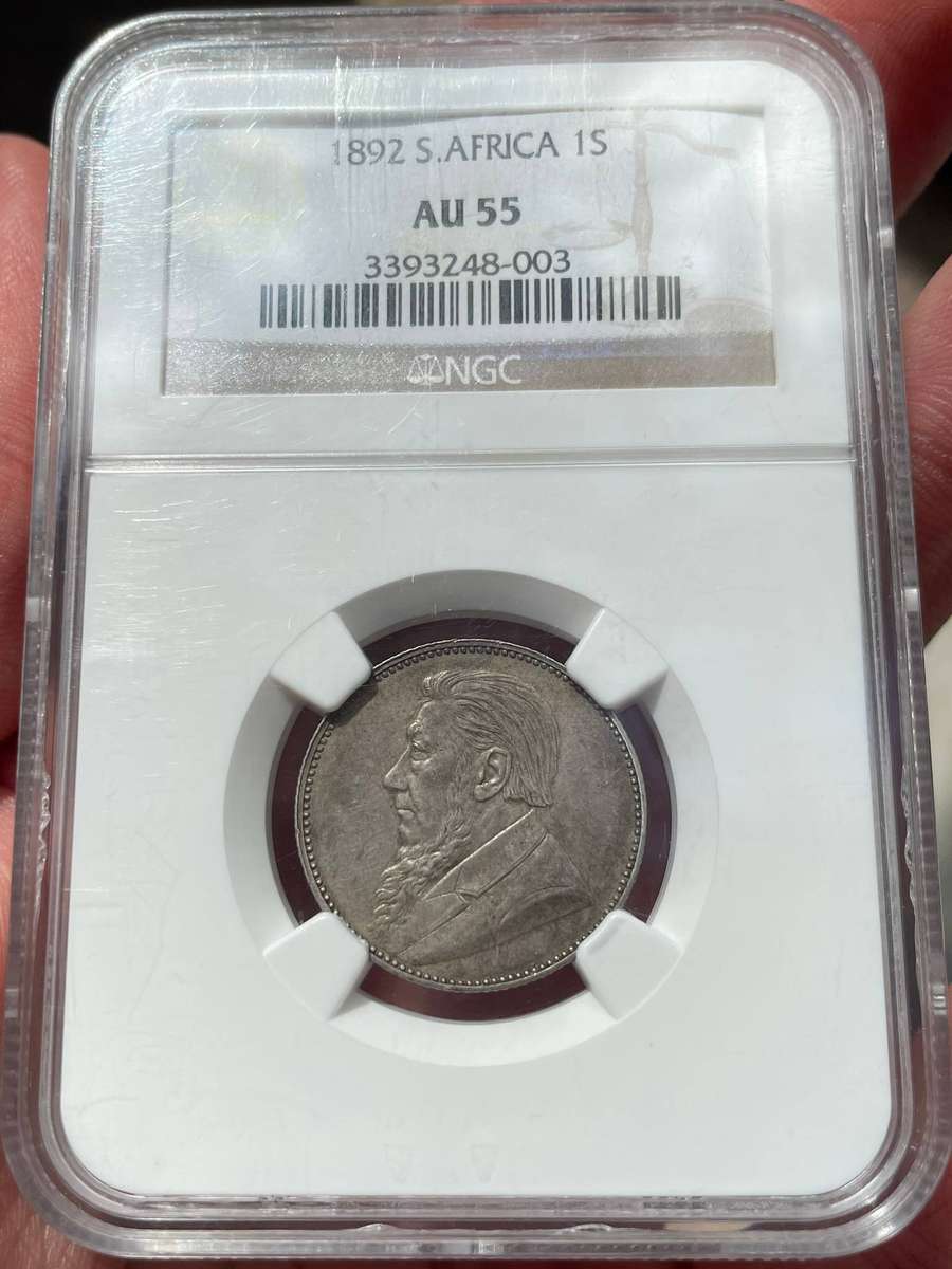 ZAR Paul Kruger 1892 one shilling silver coin - NGC graded AU55