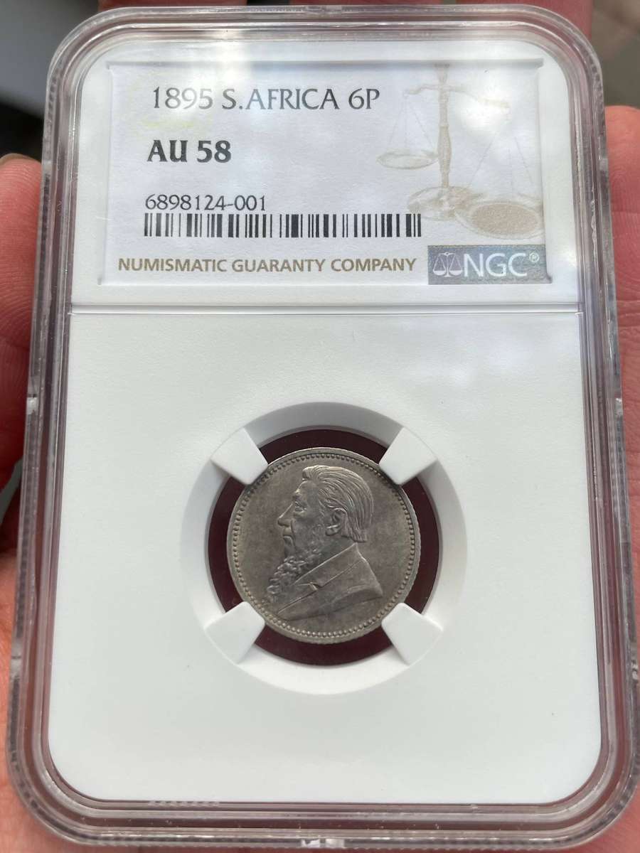 ZAR Paul Kruger 1895 sixpence silver coin - NGC graded AU58