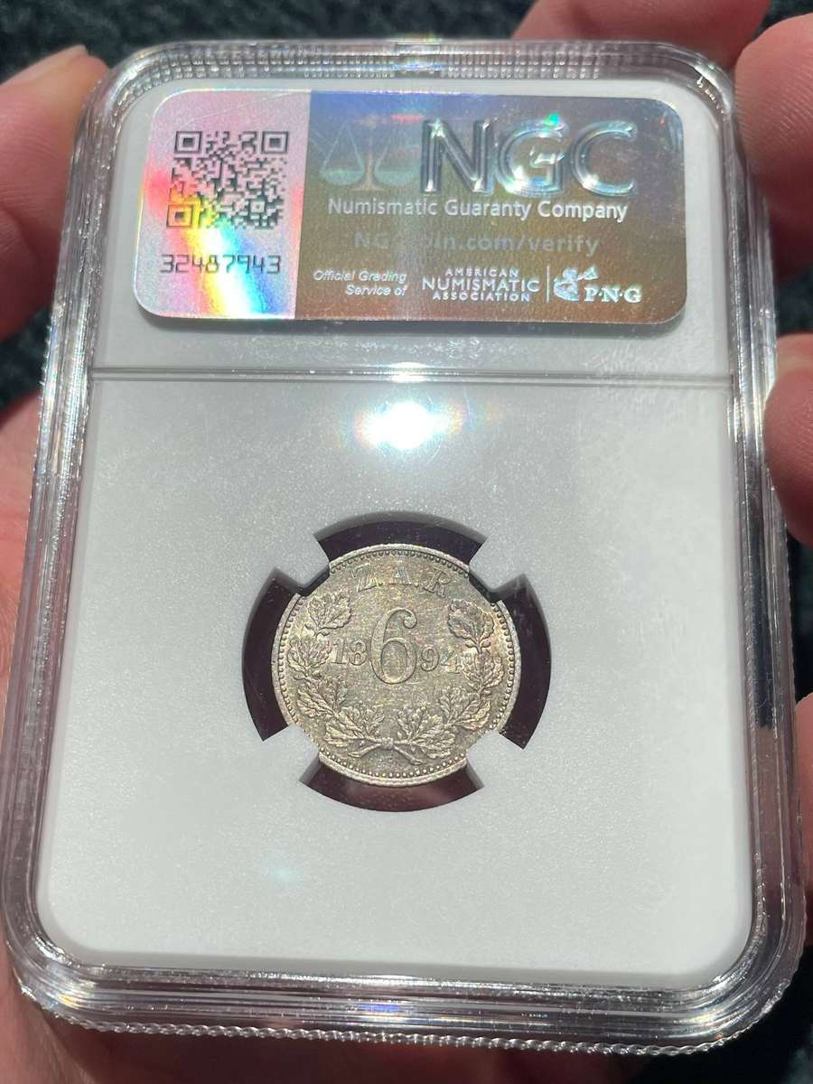 ZAR Paul Kruger 1894 sixpence silver coin - NGC graded AU55