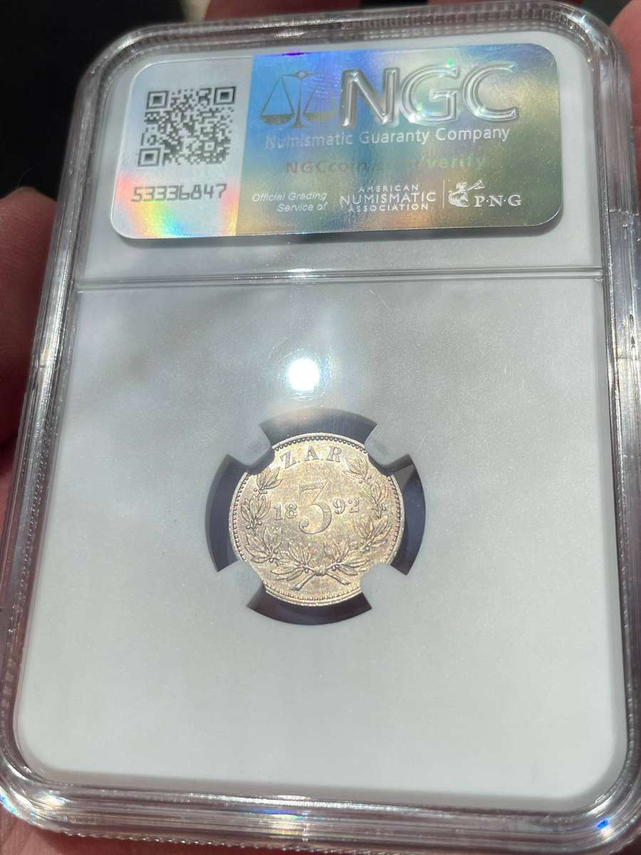 ZAR Paul Kruger 1892 threepence silver coin - NGC graded AU55