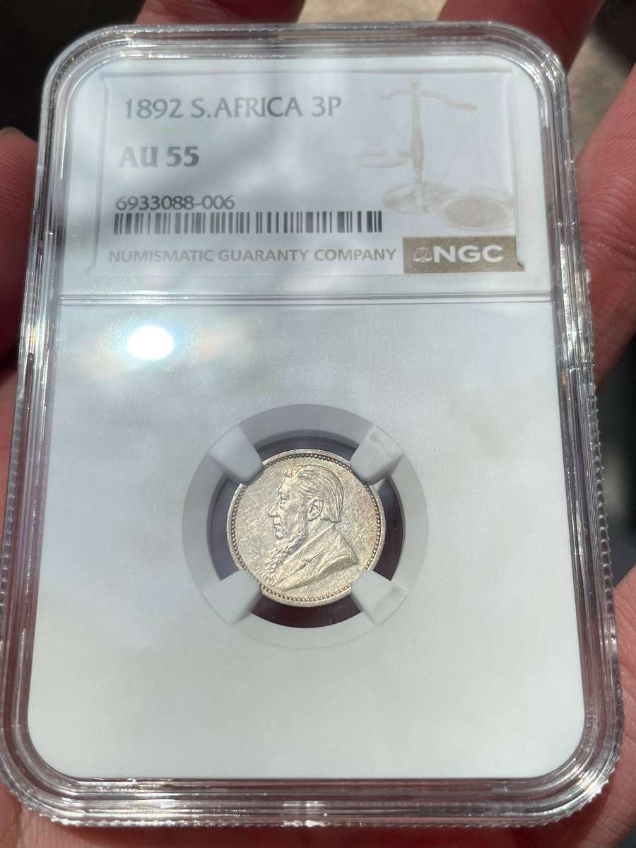 ZAR Paul Kruger 1892 threepence silver coin - NGC graded AU55