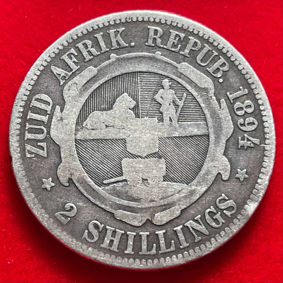 Well used 1894 ZAR Paul Kruger silver 2 shillings coin