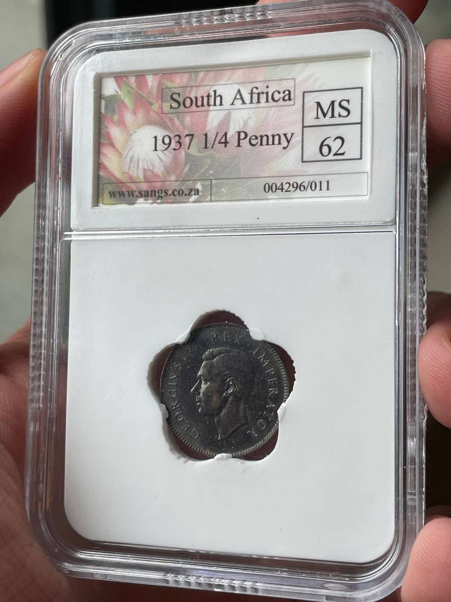Scarce 1937 South African quarter penny (farthing) coin graded MS62 by SANGS
